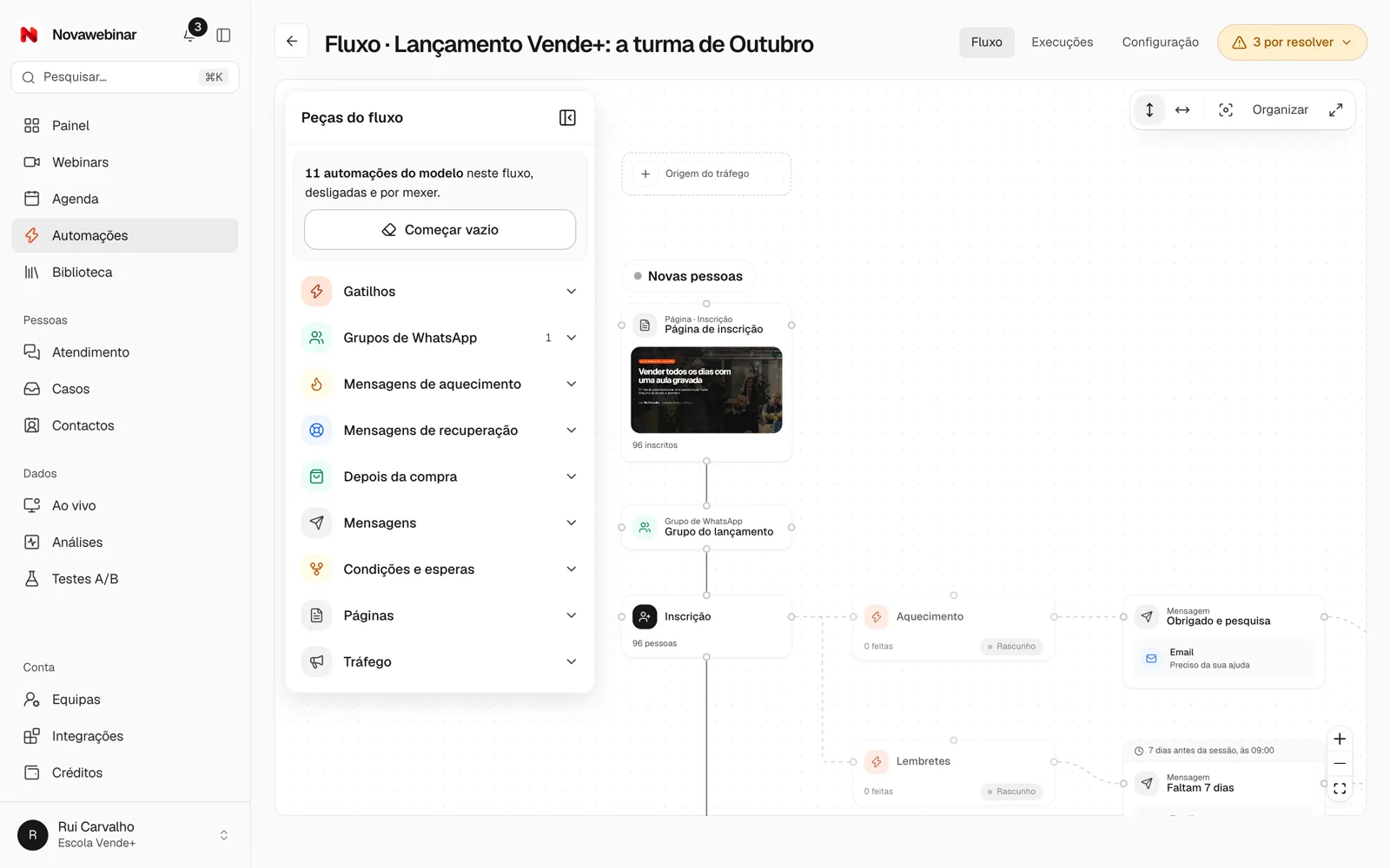 O desenho do fluxo de automações: inscrição, grupo de WhatsApp, aquecimento, lembretes e mensagens